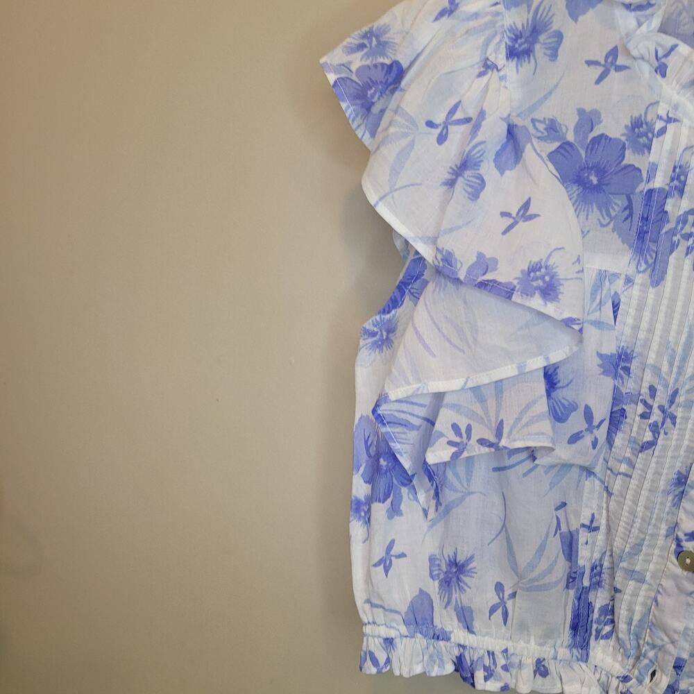 Love Shack Fancy Cotton Floral Blue White ButtonUp Cropped Nora Top XS Boho Chic - Picture 8 of 14